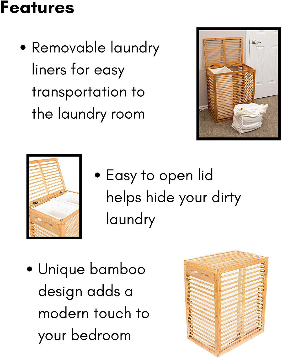 Bamboo Laundry Hamper with Lid and Removable Two Liners Dirty Clothes