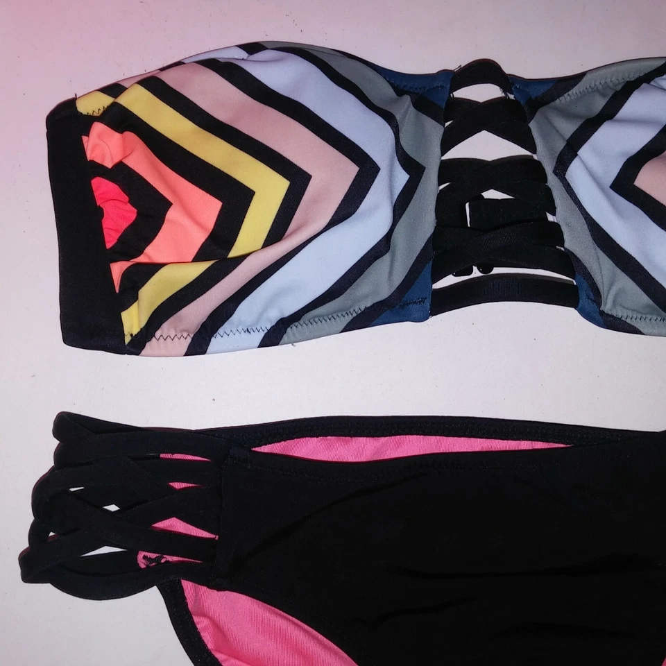 Bikini de natación Victoria Secret ROSA parte superior e inferior negro colorido a rayas bandeau Foto 2 de 4