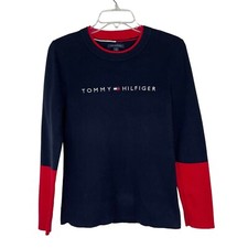 Tommy Hilfiger Navy Blue Red White Long Sleeve Tight Knit Pullover Sweater Sz L