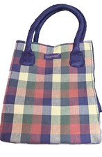 Longaberger Homestead Tote Bag Purse Tan Brown Orange Checked Plastic Liner