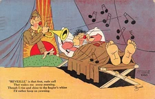 WWII ARMY COMIC LINEN POSTCARD A/S MAX HALVORSON REVEILLE FIRST CALL 090924 T