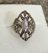 STERLING SILVER MARQUISE SHAPE AMETHYST MARCASITE ACCENTS FILIGREE RING SIZE 8