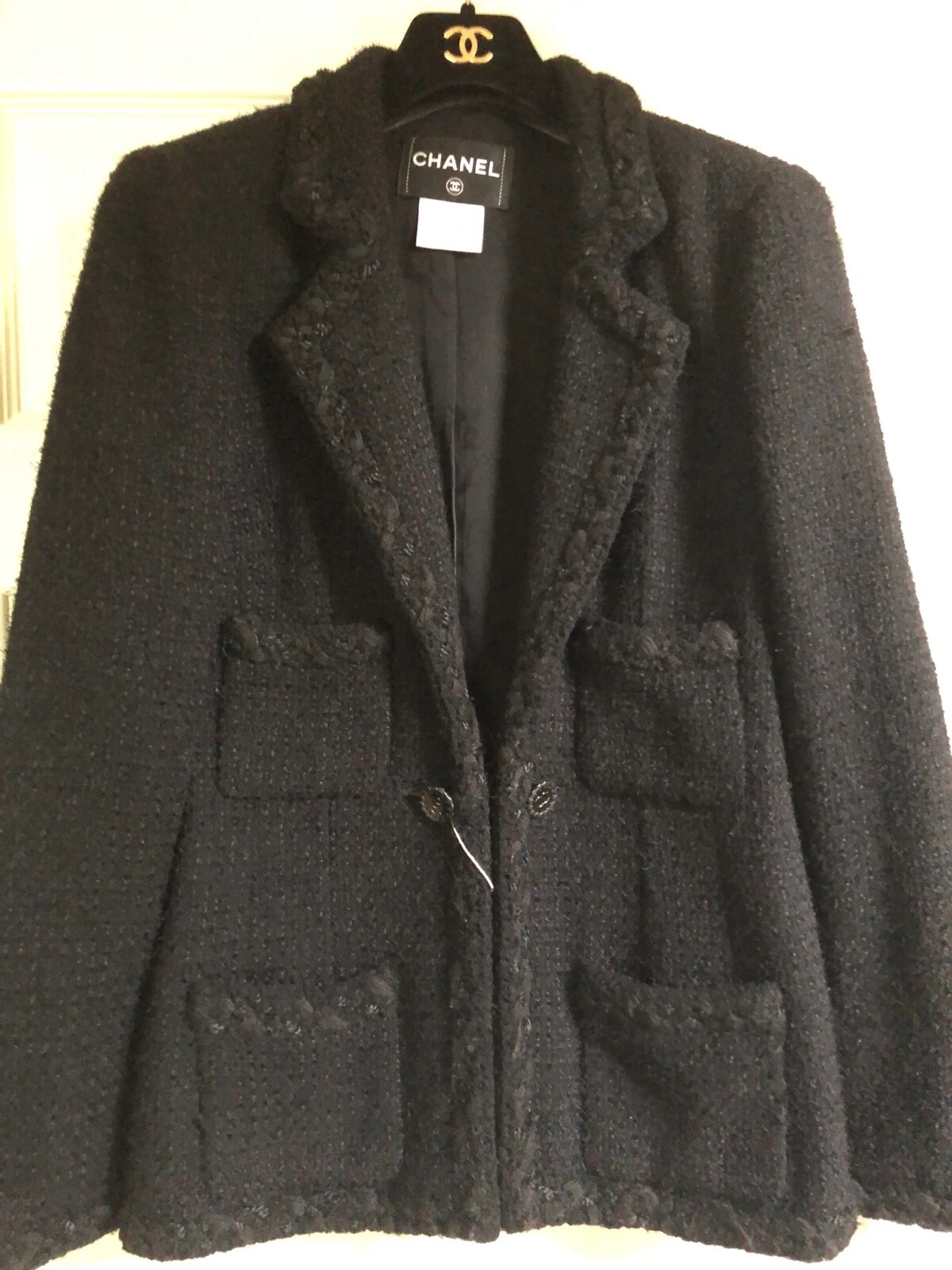 CHANEL 11C VINTAGE ICONICA TWEED PICCOLA GIACCA NERA BOTTONI CC LBJ RIVISITATA 40