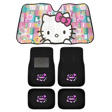 New Hello Kitty Pink Flowers Rainbow Car 4pc Carpet Floor Mats Auto Sun Shade