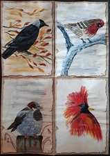 Wild Birds – Set of 4 Original Paintings, Naive Folk Art, 12x8in Watercolor Seri