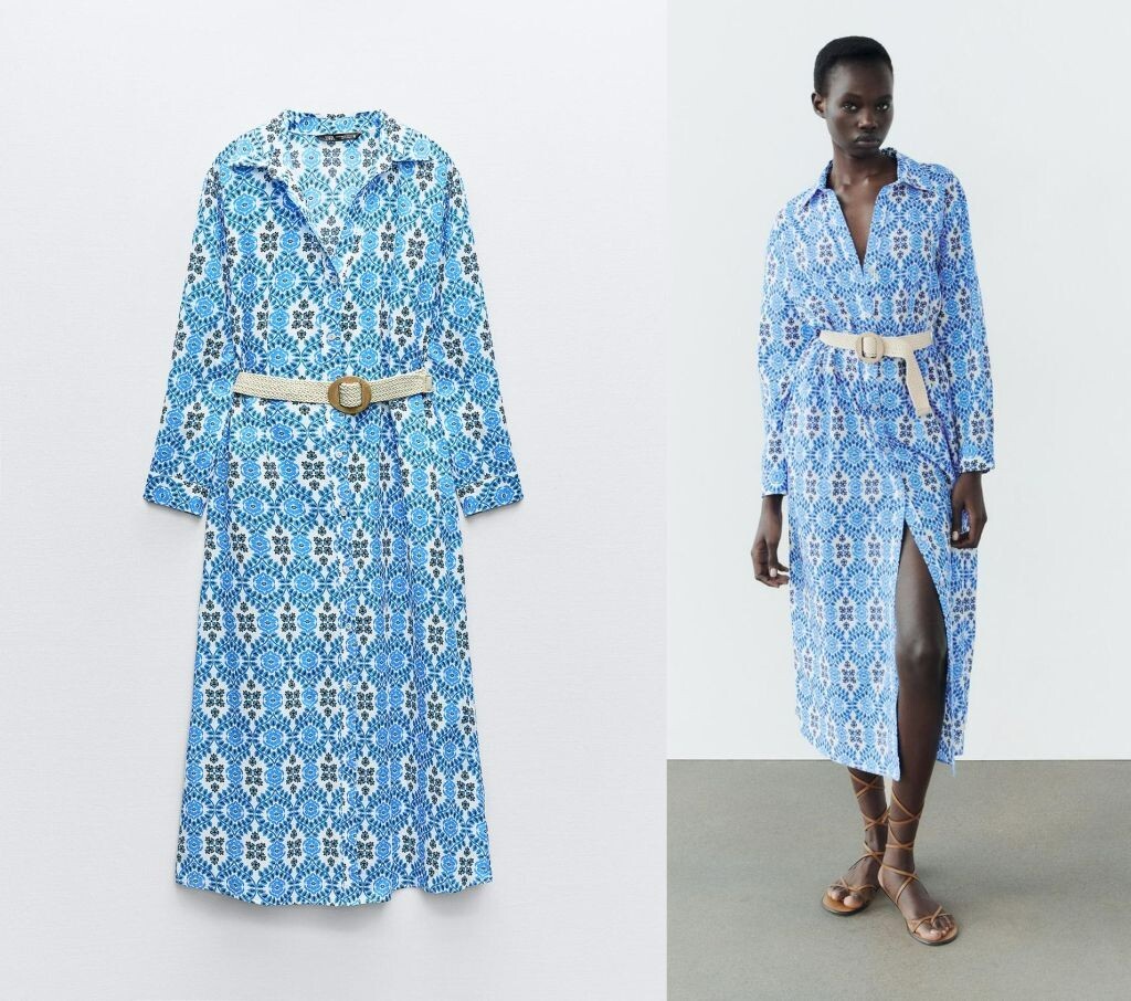 ZARA BLUE PRINT MIDI 100% COTTON SHIRT DRESS W/BELT+ SIDE