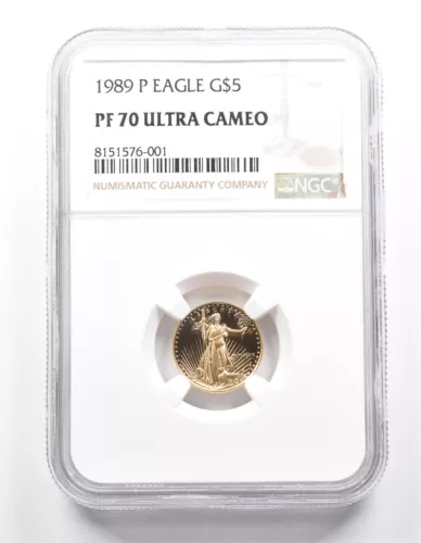 1989-P $5 American Gold Eagle 1/10 Oz Gold PF70 UCAM NGC *1345