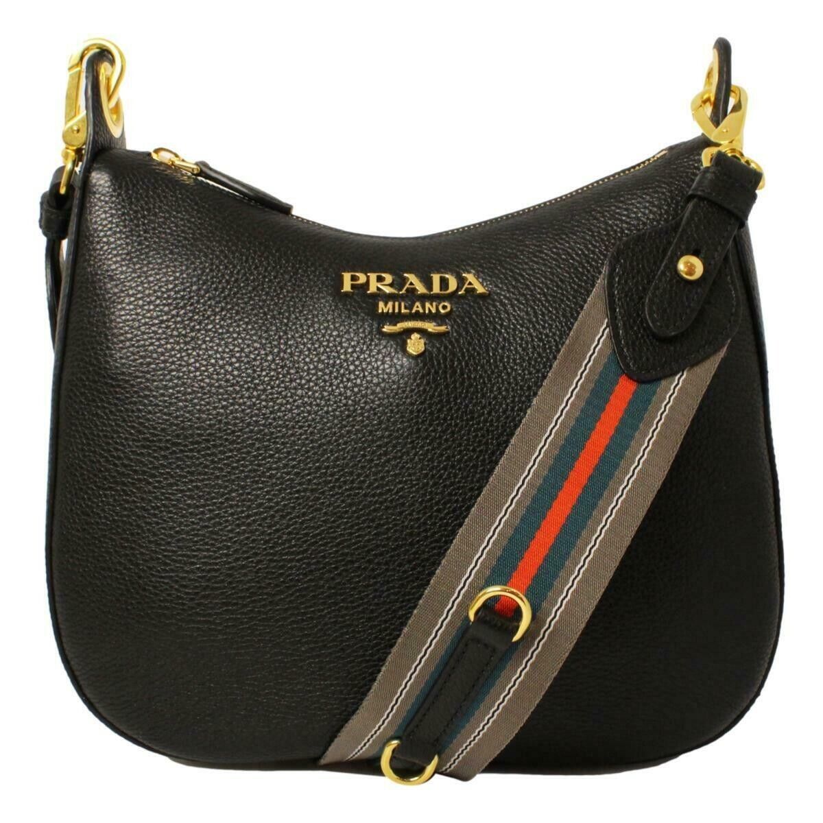 Prada Black Vitello Phenix Leather Web Stripe Strap Crossbody 1BC166 – ZAK  BAGS ©️