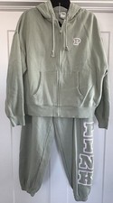 Victoria s Secret PINK Size Small Logo Fleece Sweatpants Zip Hoodie Set Green