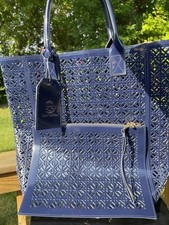 Tory Birch Laser Cut Tote Bag With Matching Zippered Navy Pouch