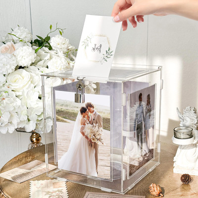Acrylic Wedding Card Box with Picture Frame, Clear Gift Card Box