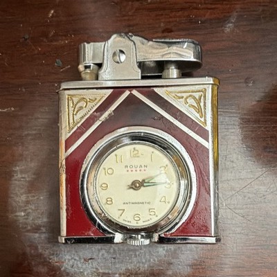 ROUAN Collectible Cigarette Lighter w/ Built-In Watch, Red Enamel Silver Metal