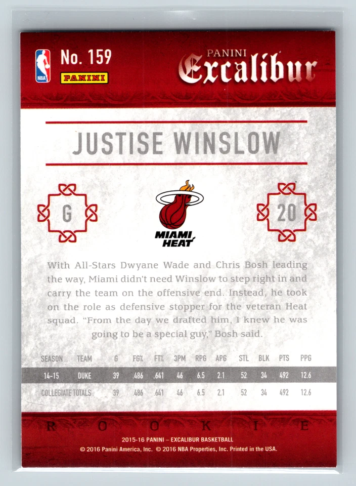 JUSTICE WINSLOW RC - 2015-16 Panini Excalibur #159 - Image 2 of 2
