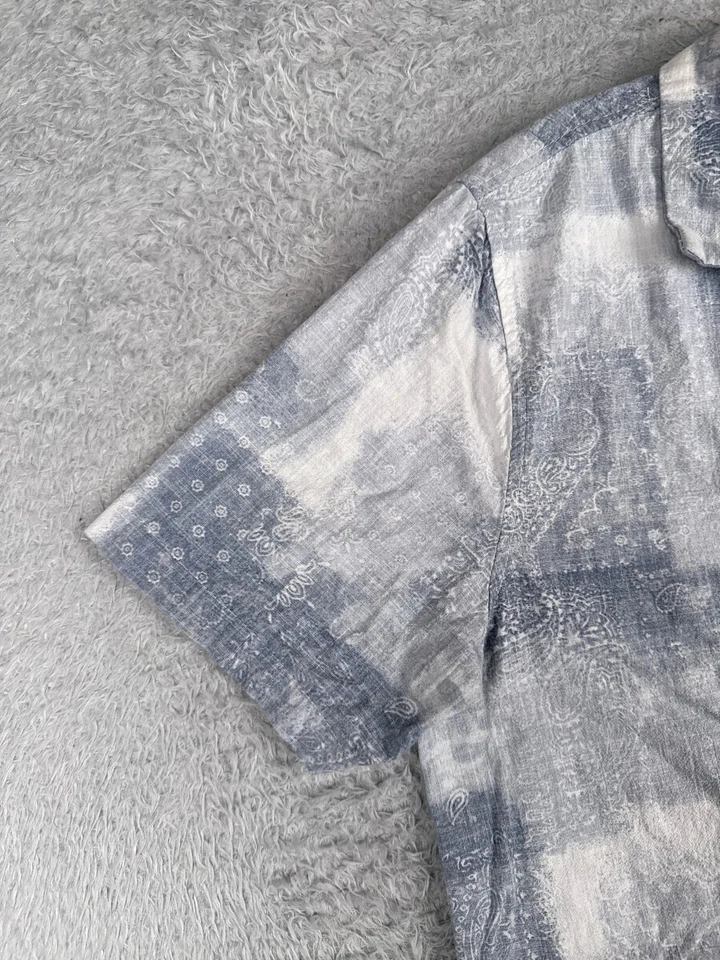 棉服装衬衫男式中号蓝色白色佩斯利 100% 棉夏威夷 — 第 3/4 张图片