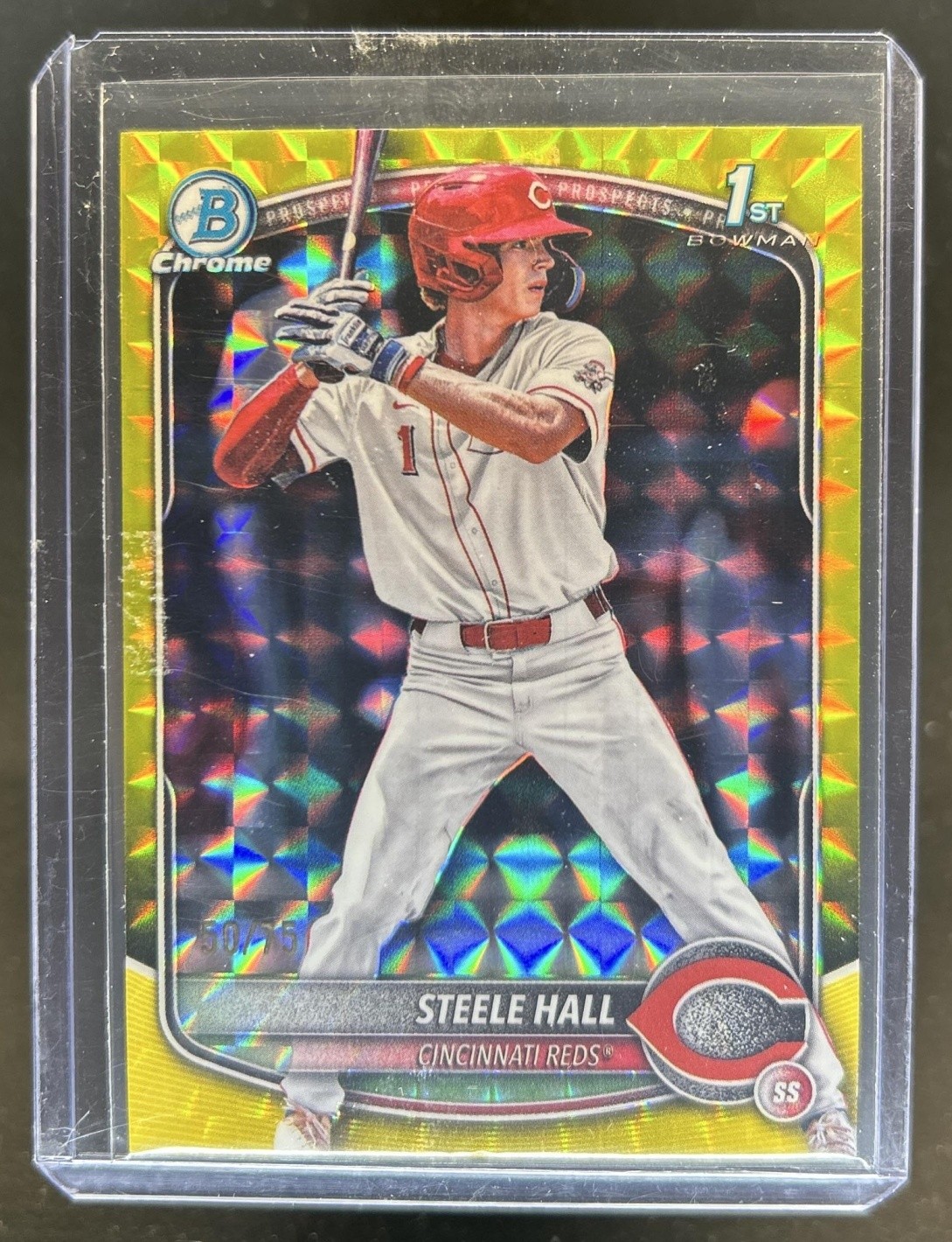 2025 Bowman Draft Steele Hall Chrome Yellow Geometric Refractor 1st #/75 Reds