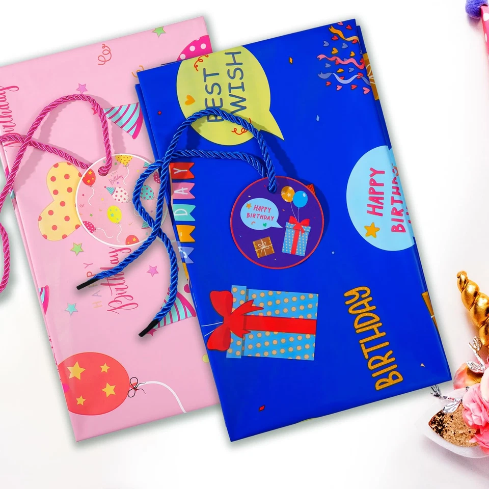 Plauthus 56" Jumbo Bolsa de Regalo de Plástico Patrón de Cumpleaños Azul y Rosa Paquete de 2 Foto 3 de 4