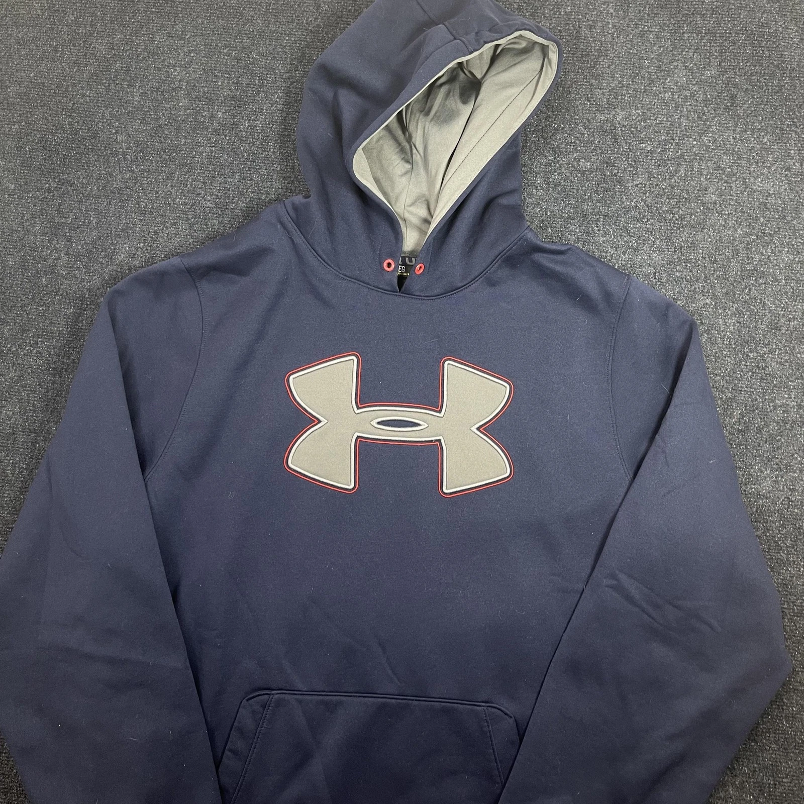 Y2K Under Armour Hoodie Mens XL Blue Fleece Pullover Graphic Big Logo Sweatshirt