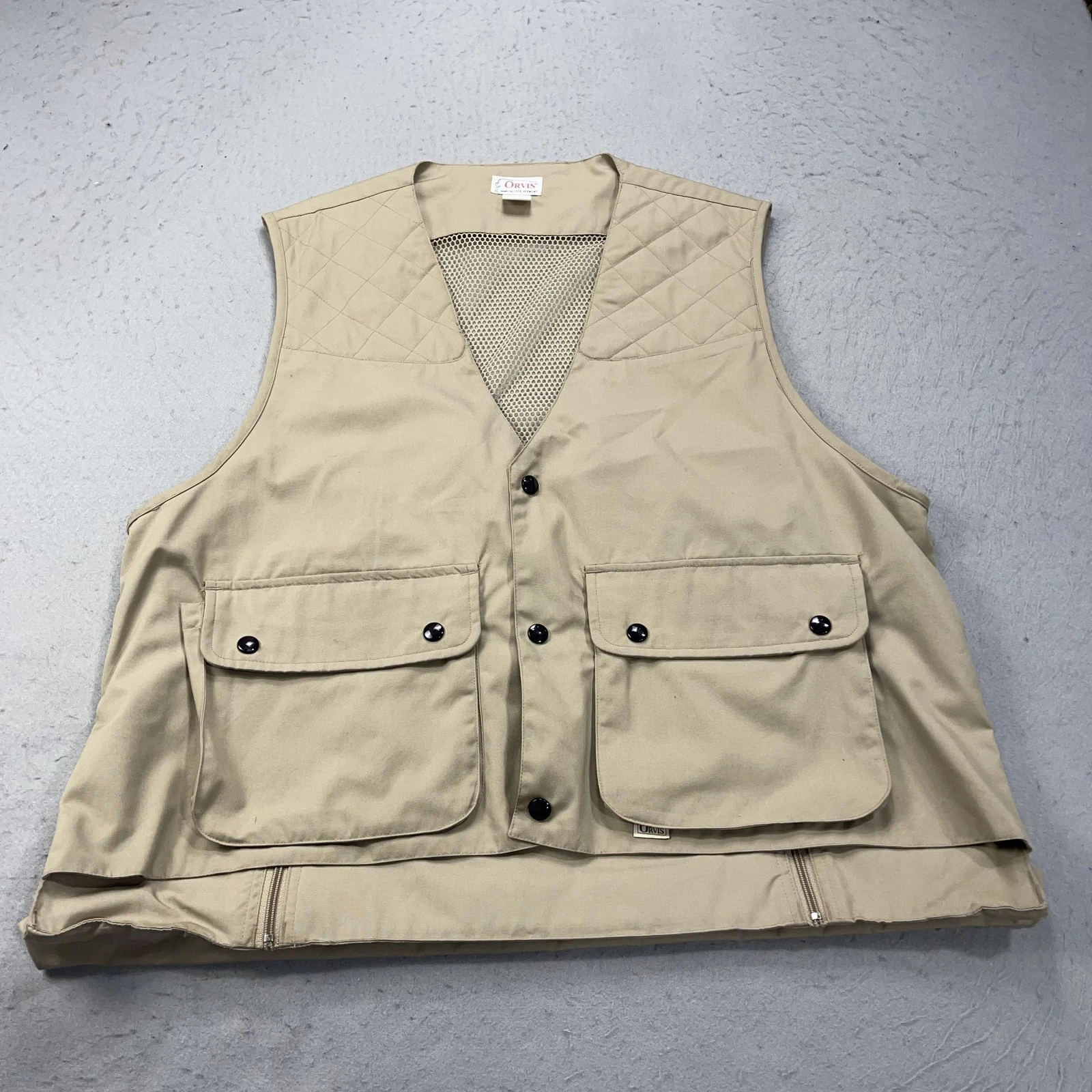 VINTAGE Orvis Vest Mens XL Beige Quilted Cargo Pocket Photo Mesh Utility Fishing