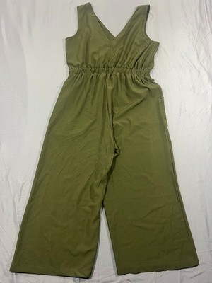 Superfox Jumpsuit Women Large Green Stretch Sleeveless One Piece V-Neck Wide Leg