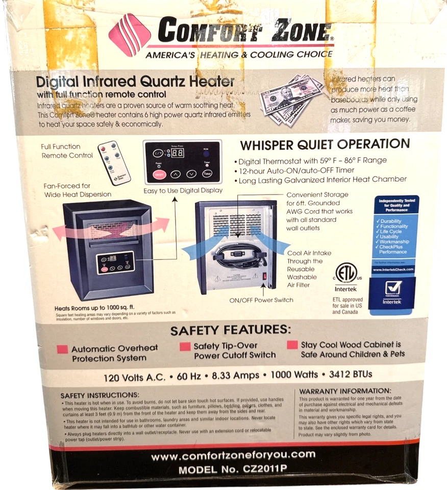 Calentador Infrarrojo Comfort Zone Modelo CZ2011P Nuevo en Caja Foto 3 de 4