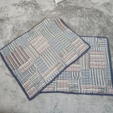 Hand Quilted Pillow Shams Blue Stripe Patchwork Set of 2 Button Back 25.5x19.5