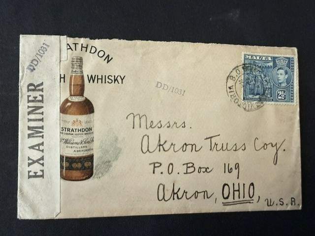 My 8 1942 Malta WWII DD/1031 Censor Cover to USA Strathdon Whiskey AD!