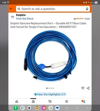 Dolphin Genuine Replacement Part — Heavy-Duty 60 FT Blue Cable with Swivel 
