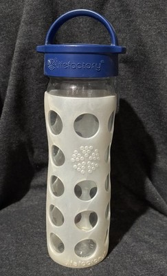 Life Factory Glass Water Bottle. Navy Blue Lid with Clear Pearl Sleeve 16oz