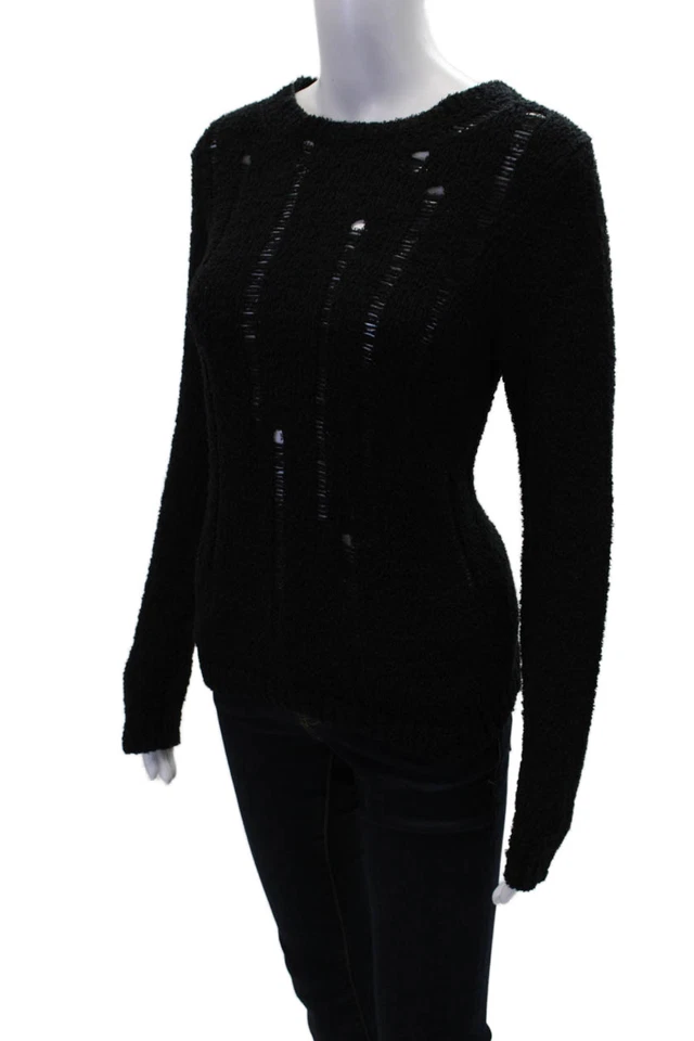 Lilla P Womens Cotton Crew Neck Distressed Knit Sweater Solid Black Size S - Image 2 of 4