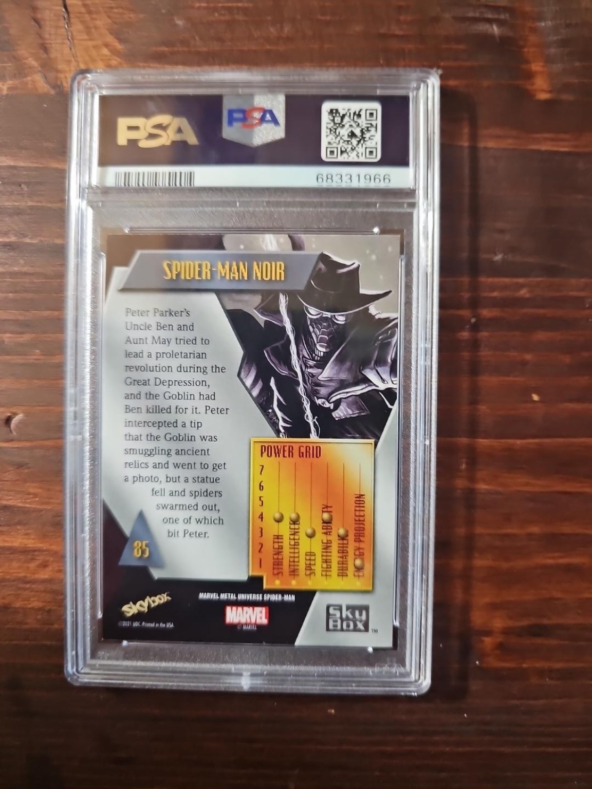 2022 Marvel Metal Universe Spider-Man Noir Light FX Neon Blue PSA 8 #85 view 2