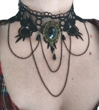 Gothic Victorian Black Lace Choker Necklace w/ Chains Beads Adjustable
