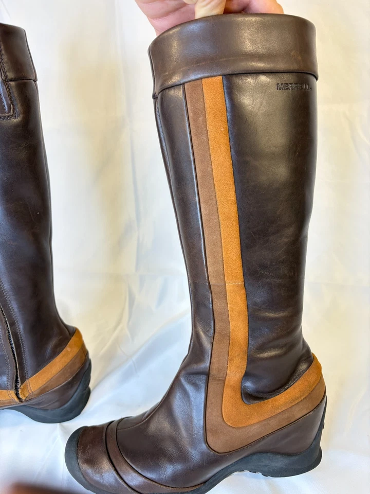 Merrell Eden Peak Boots Women's 6.5 Brown Tan Leather Wedge Knee High Riding Mod - Image 2 of 4
