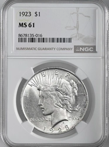 1923-P  $1 PEACE SILVER DOLLAR  "PHILADELPHIA MINT"  NGC MS61 #8678135-016