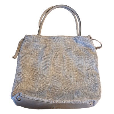 Furla Handbag Tote Woven Neutral Divided Interior Leather Bottom Straps 16x15