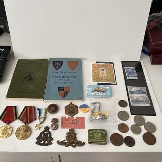 Job Lot Collectables Military Badges Medals Stamps Coins and Vintage Items