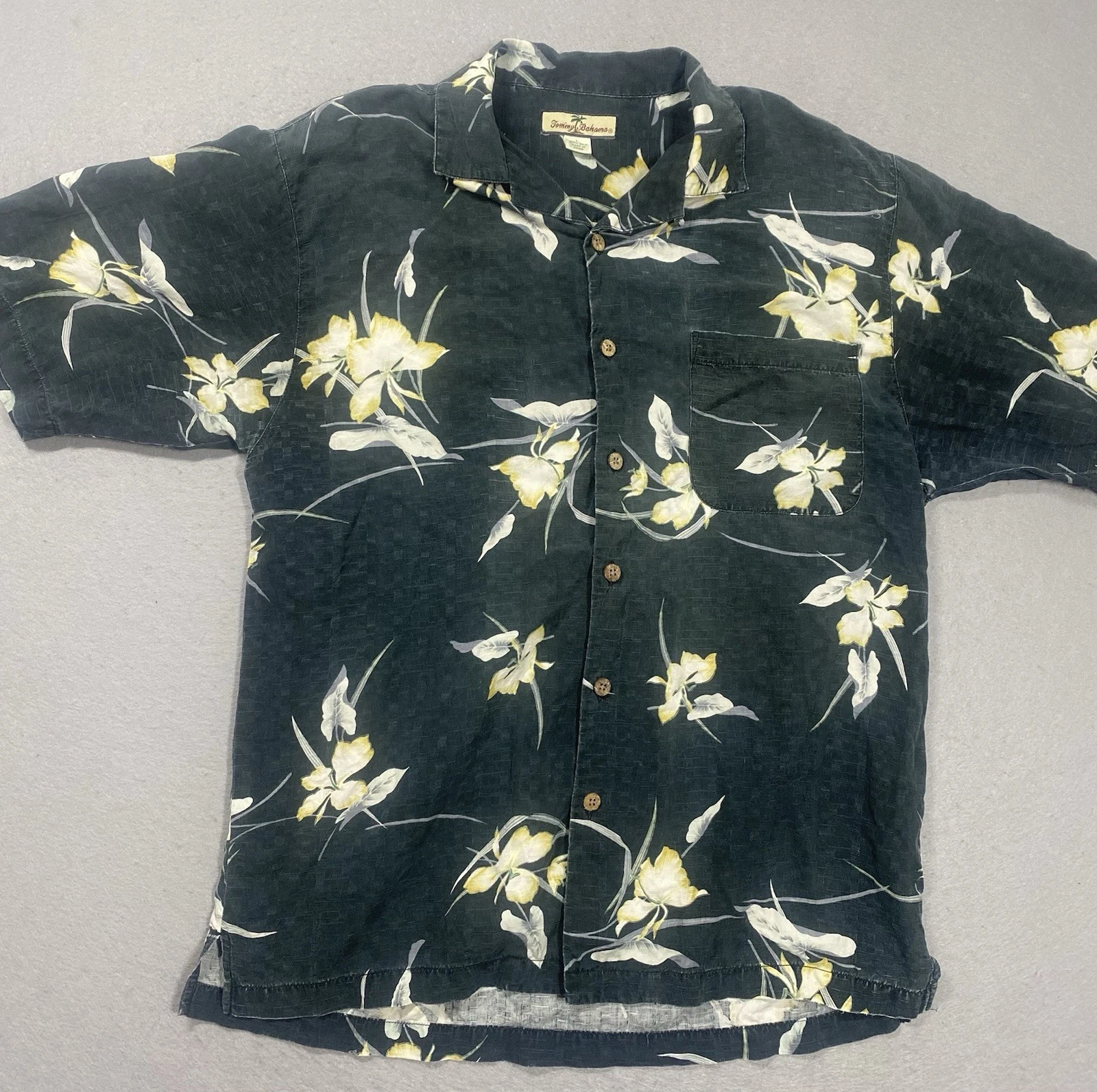 Tommy Bahama Black Floral Hawaiian Shirt Silk Size Large