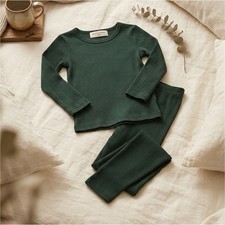 Kids Size 5 Ribbed Green Pajama Set Unisex Boys Girls Soft Sleepwear