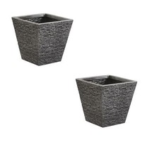 2 Small Grey Brick Effect Planter Plastic Flared Plant Pot Garden Patio 33.5cm