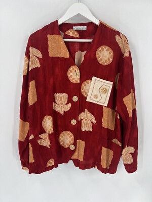 Nino Wong Vintage Blouse Womens Medium Red Floral Button Up Casual Pockets Crepe