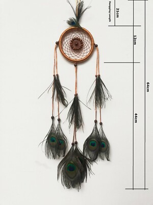 Handmade Dream Catcher Wall Decor - Rattan With Peacock Feathers & Beads, Boho Indian Decor For Bedroom
