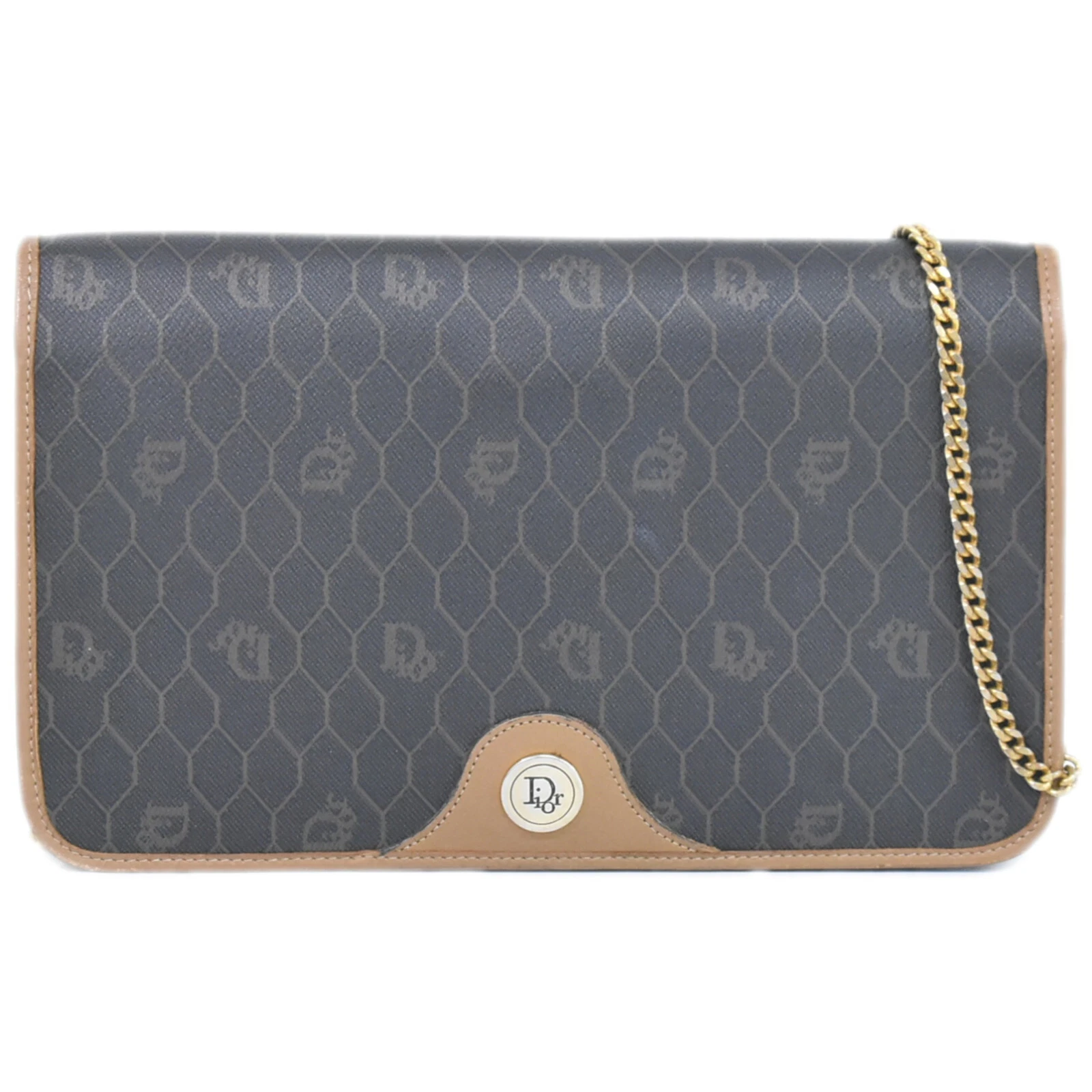 Sac bandoulière Christian Dior nid d'abeille chaîne PVC marron foncé doré