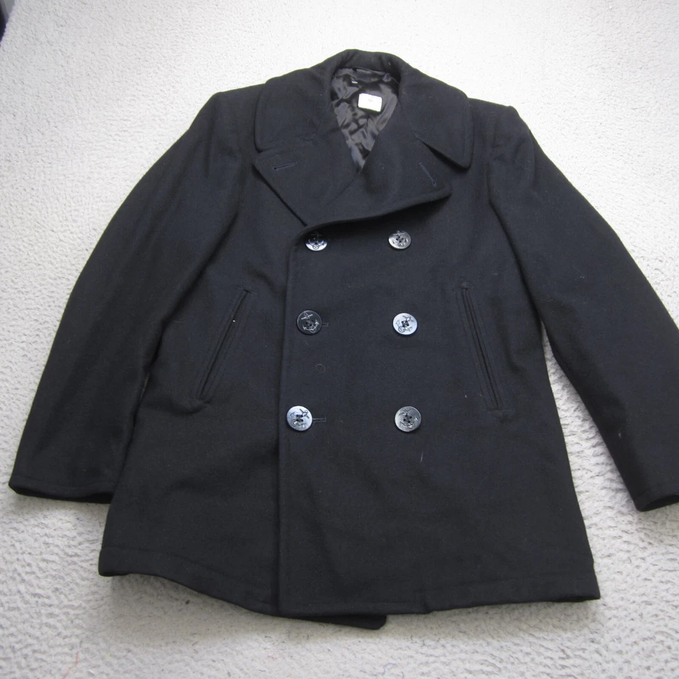 Abrigo Vintage Azul Marino Guisante Para Hombres 36 S Negro Abrigo Botón Lana Pesado Foto 2 de 4