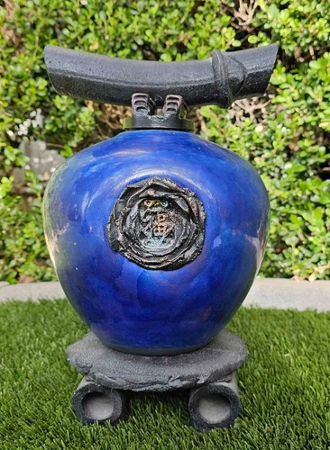 Early Matthew Lovein Raku Pottery Wish Keeper Iridescent Blue Vase With Stand