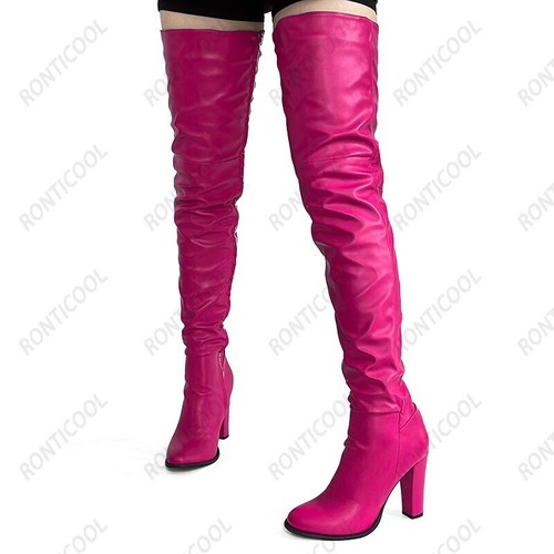 Damen Winter Overknee Stiefel durchgehender seitlicher Reißverschluss klobig hohe Absätze runde Spitze schwarz - Bild 36 von 36
