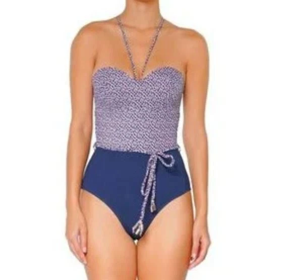 Huit 8 Paris One Piece Swimsuit Womens 38D Navy Print Halter Belted Ruched - Image 2 of 4