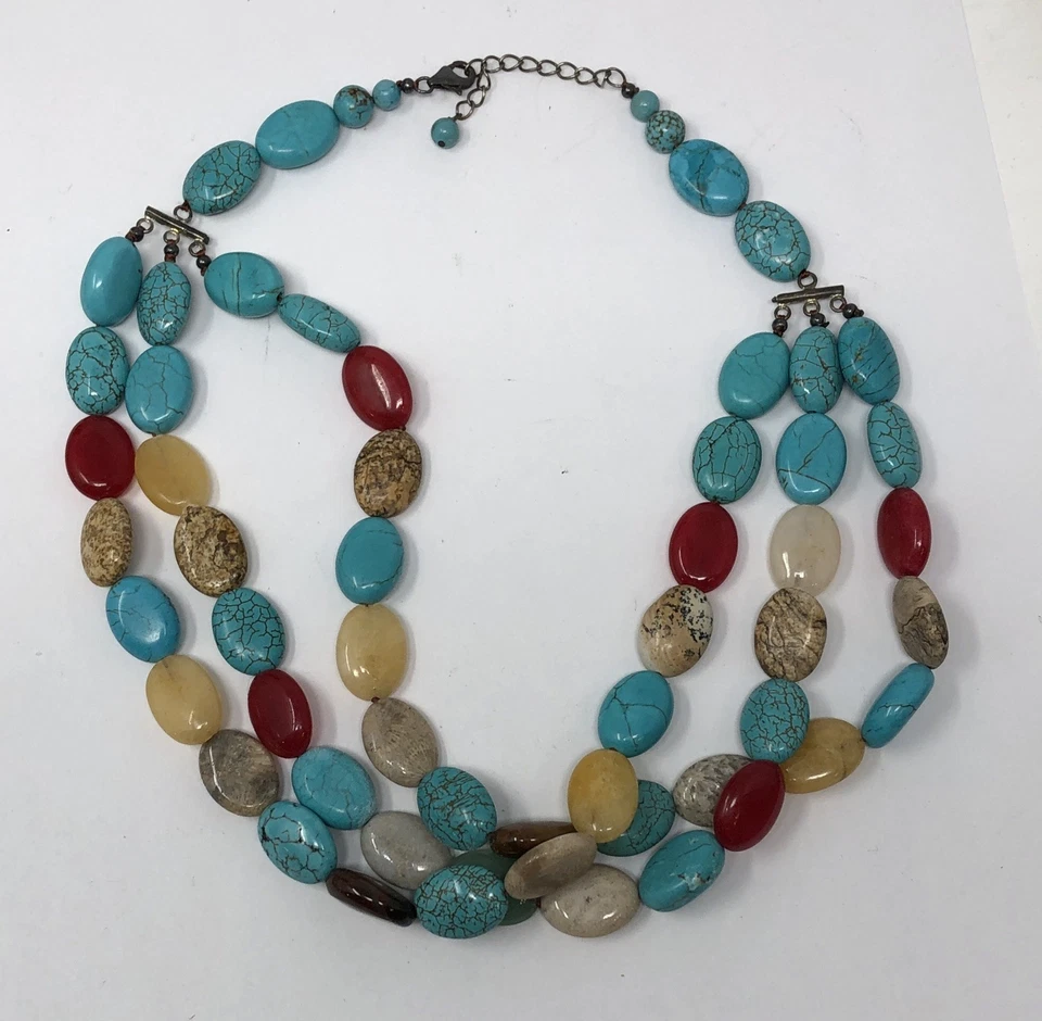 Gemstone Beaded Necklace Sterling Silver Multi Strand - 17 inch Length - Image 3 of 4