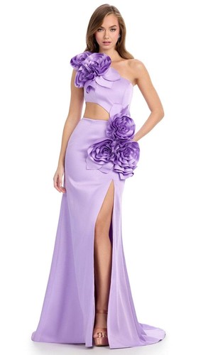 Ashley Lauren Lilac Purple 3D Floral One Shoulder Satin Dress Size 4 $598