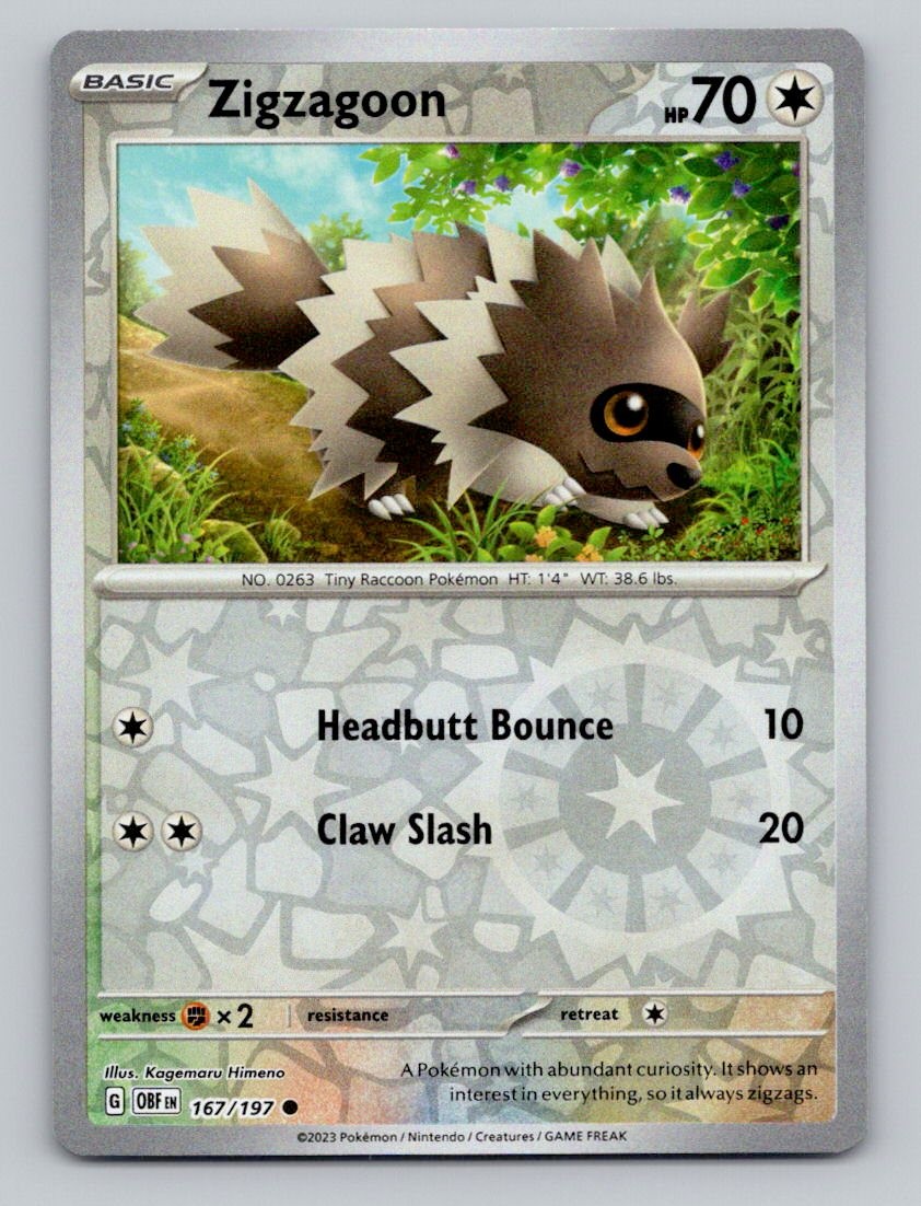 Zigzagoon 167/197 Common Obsidian Flames Pokemon Reverse Holo Near Mint