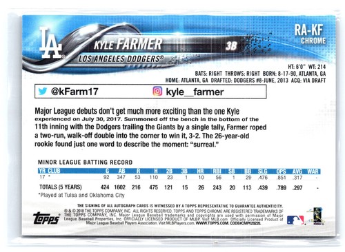 2018 Topps Chrome #RA-KF Kyle Farmer Rookie Autographs - Picture 2 of 2