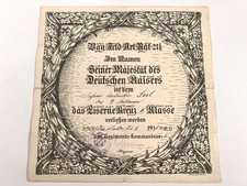 Bayern , Verleihungs Urkunde f&uuml;r das Eiserne Kreuz 2. Klasse , ausgestellt am 22
